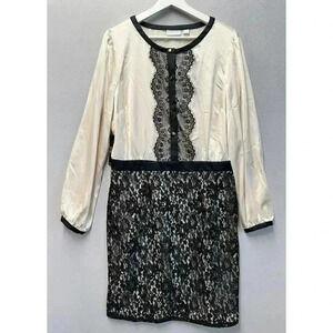 New York & Company Romantic Ivory Satin Dress With Black Embroidery Lace Size 14